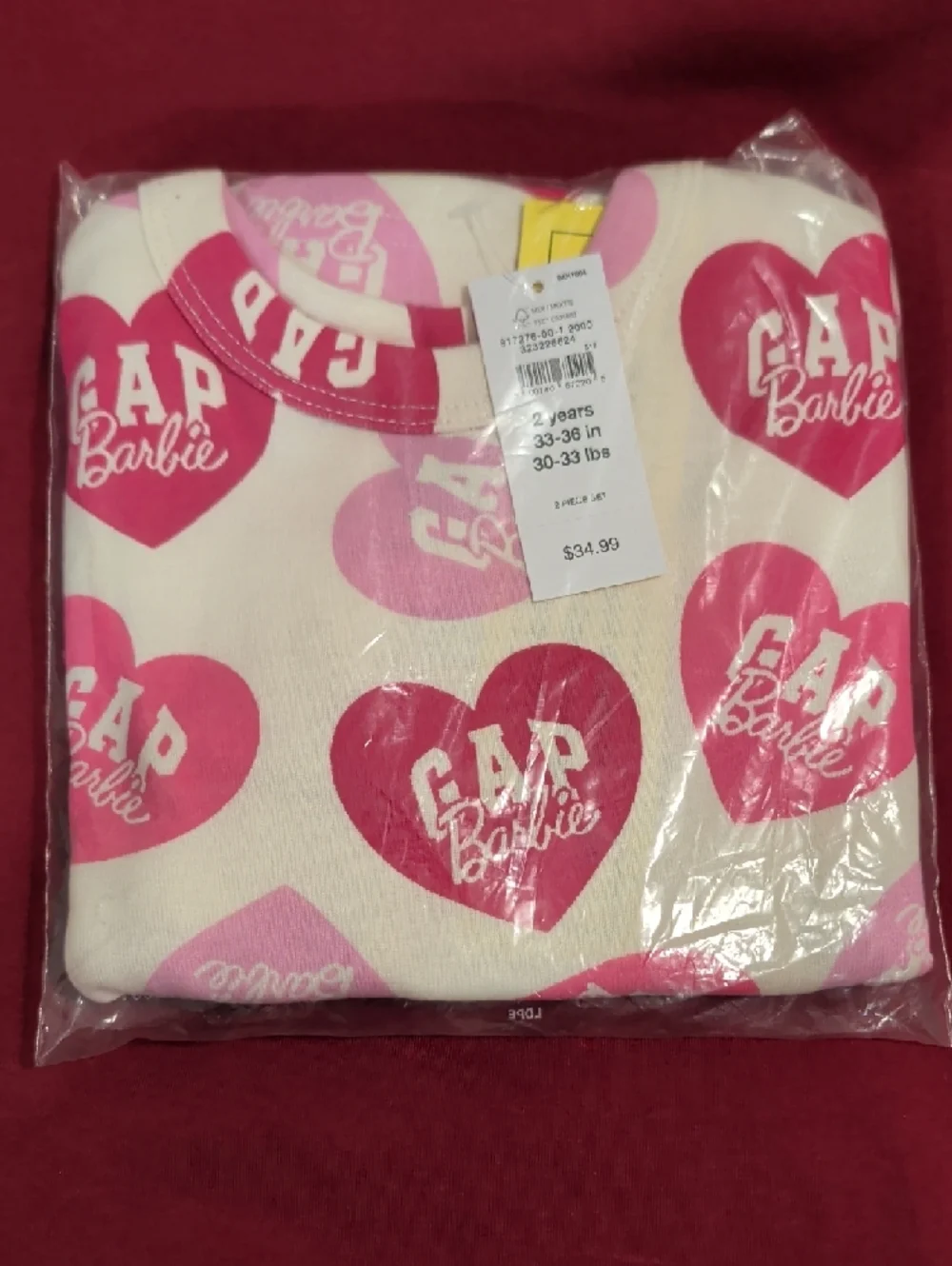 NWT babyGap x Barbie 100% Organic Cotton Pajamas 2/4/6T Pink Heart PJ 2pc Sleep